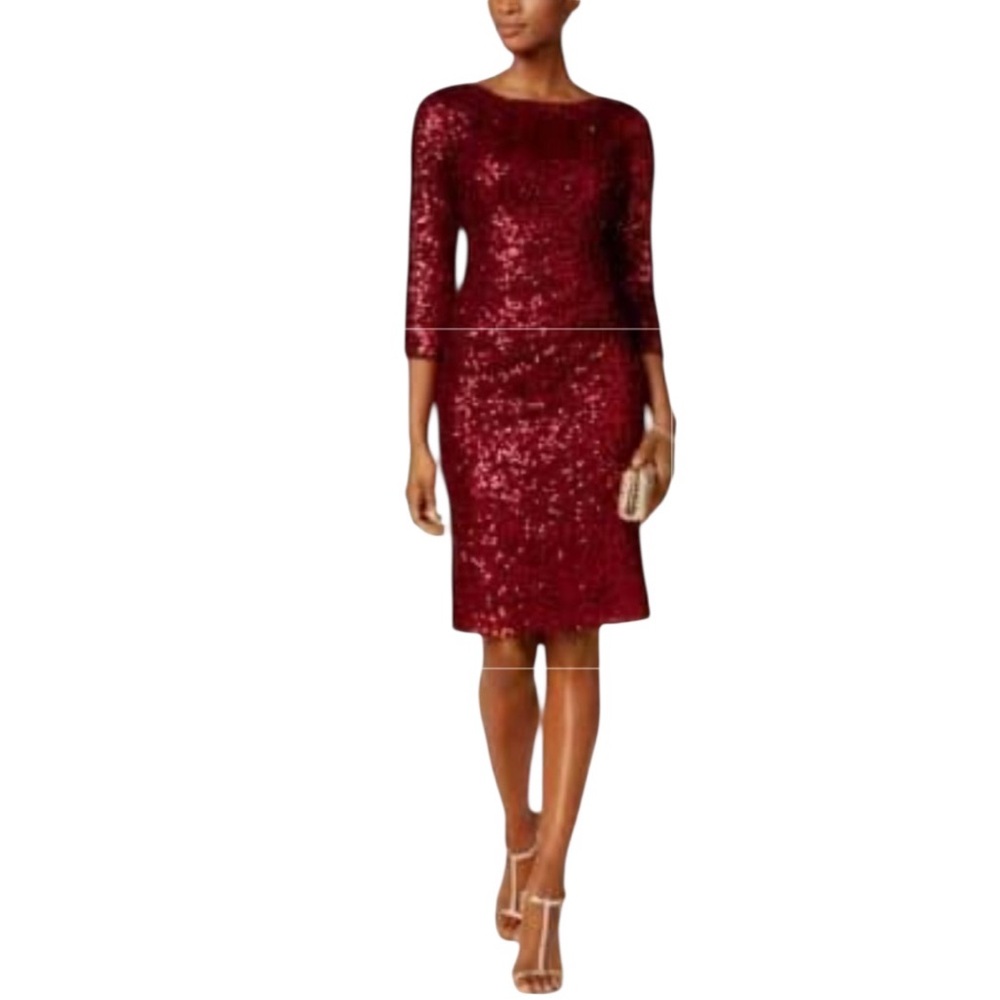 Jessica Howard Sequined Ruched Sheath Dress‎ in Wine Red 3/4 Sleeves Size 18W